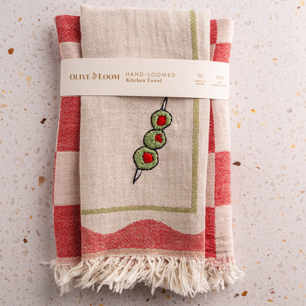 Olive Hand-Stitched Tea Towel Set