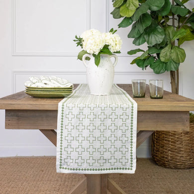India Hicks Home Embroidered Grand Cross Soft Sage Table Runner